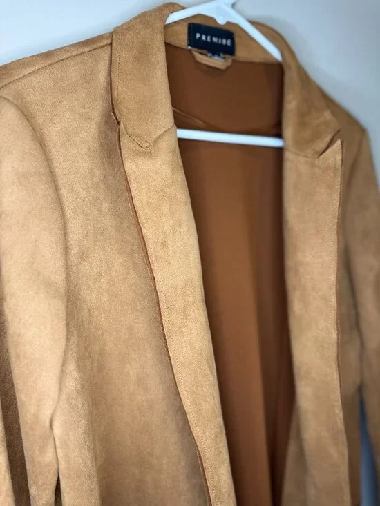 Premise Faux Leather Open Draped Blazer Cardigan Camel Brown Size Large Boho - Picture 2 of 7